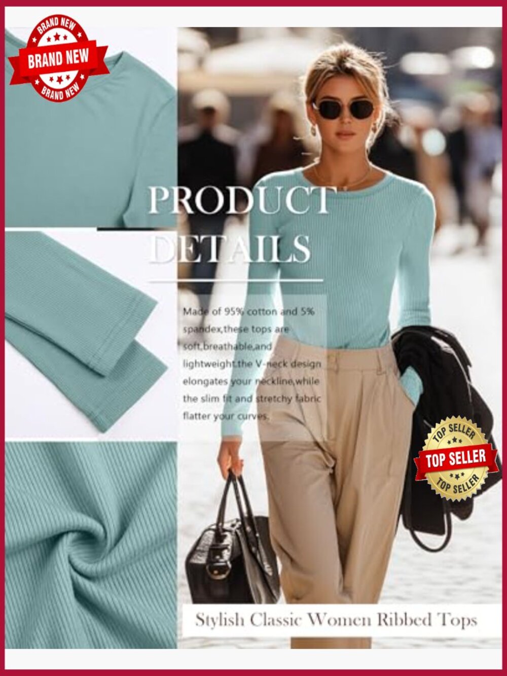 4 Pack Ribbed Long Sleeve Slim Fit Tops Crew Neck Stretch Knit Base Layer Shirts - Picture 5 of 7